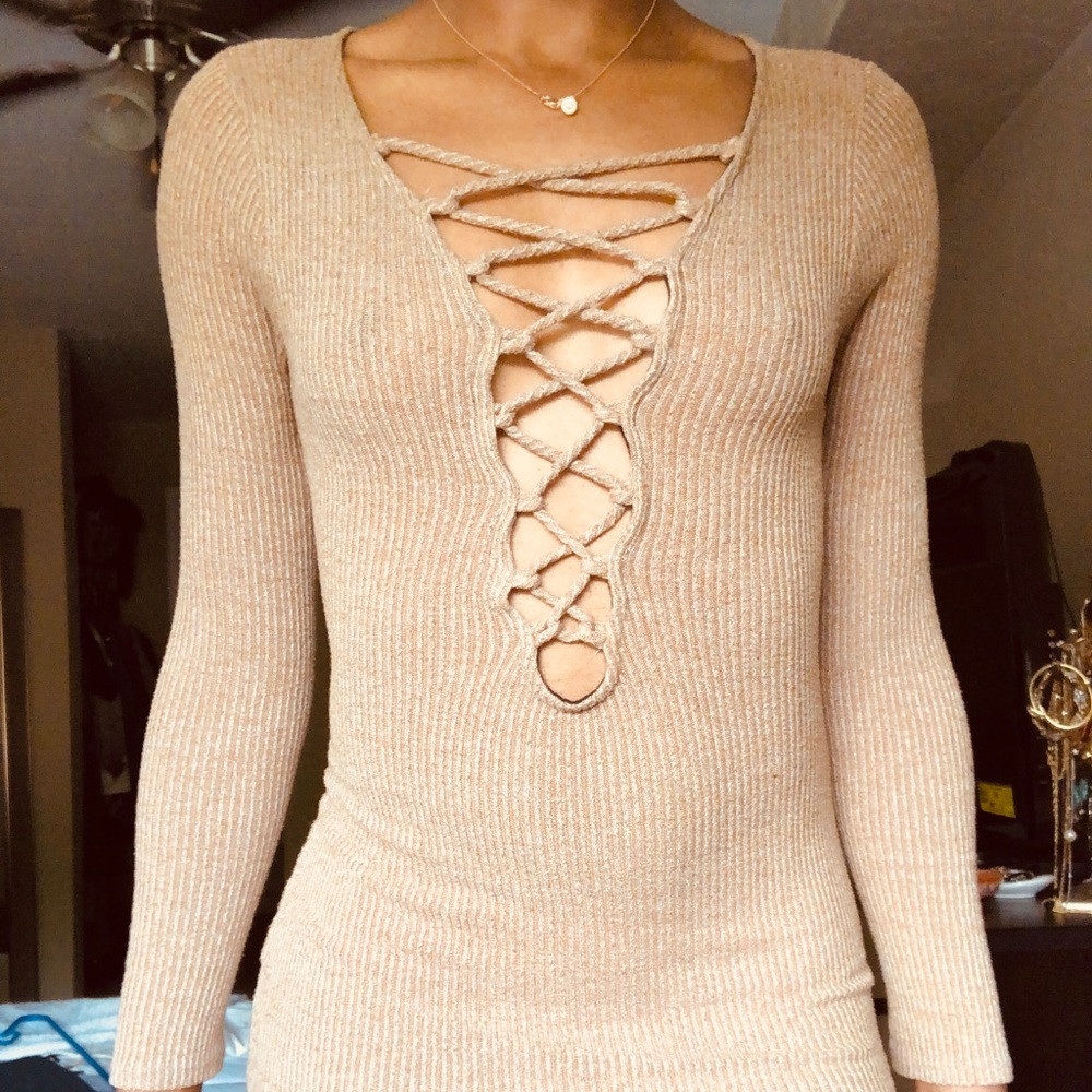 Deep V Ribbed Bodycon Sweater Dress